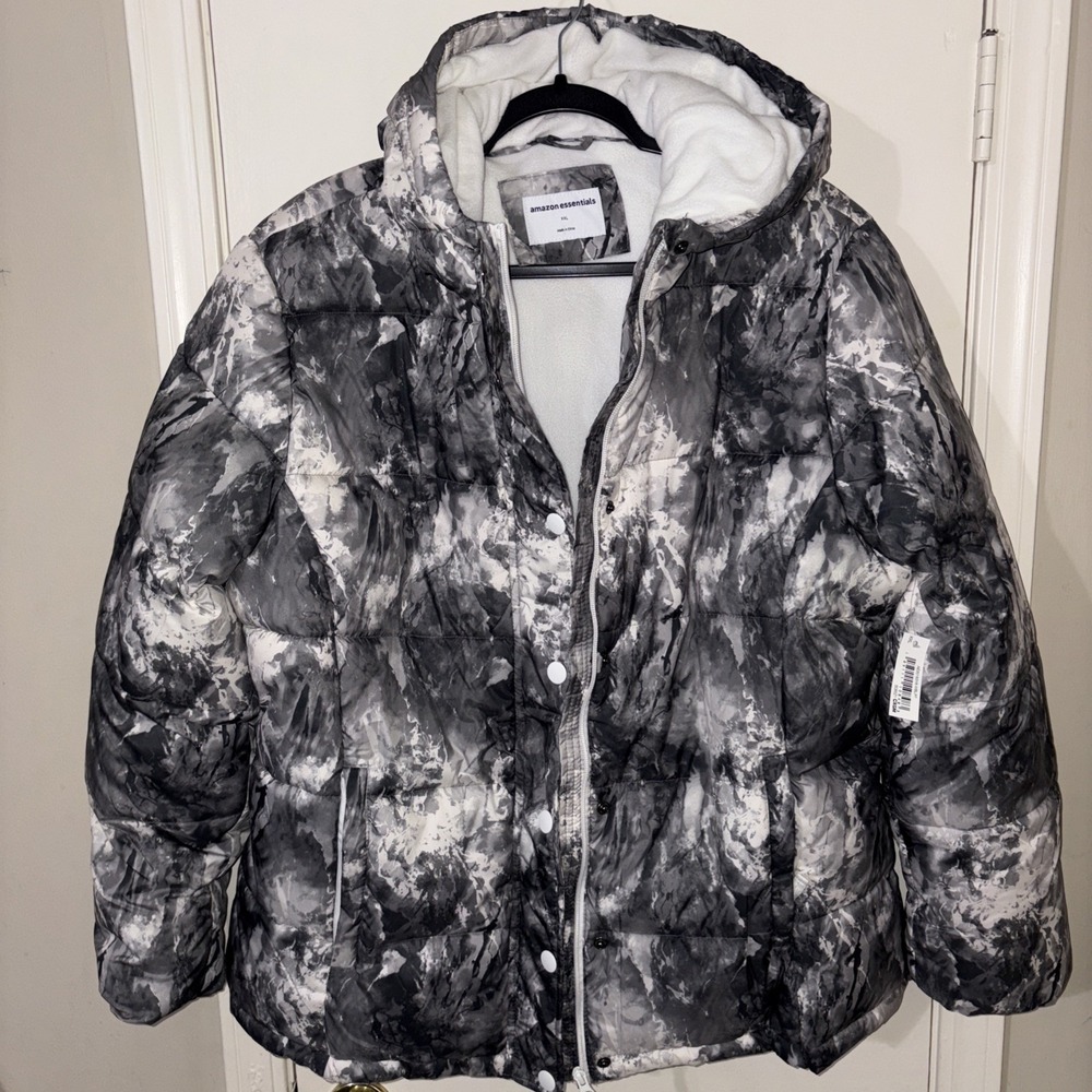 Essentials Women's Heavyweight Hooded Puffer Ski Jacket‎ Coat Black White  2XL